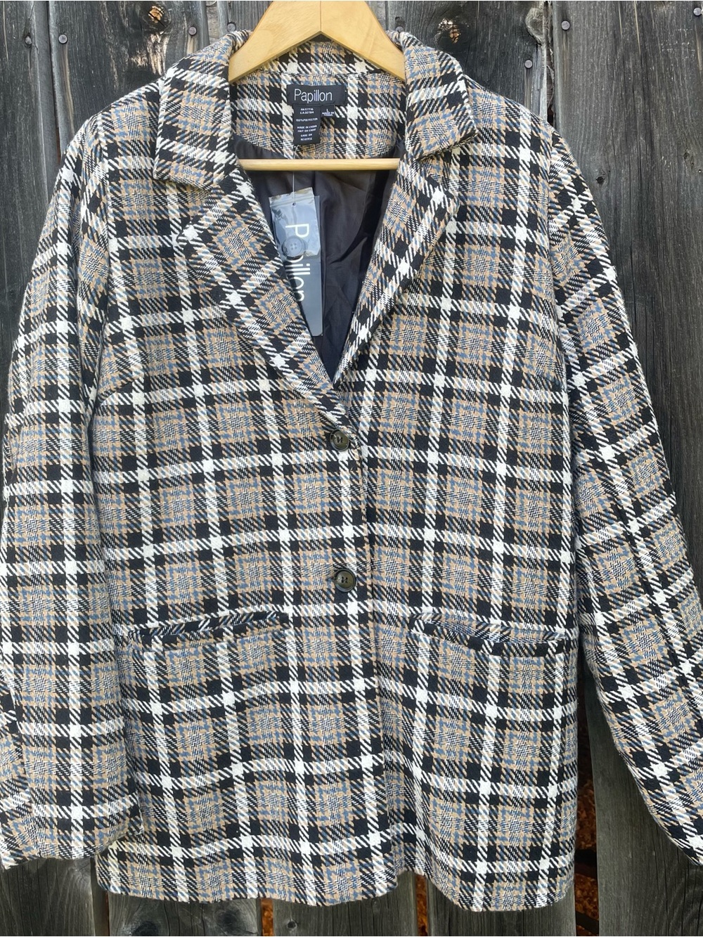 Papillon Blanc Black, White & Tan Plaid Tweed Blazer